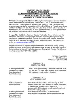 North Petherton) (Revocation, Restricted Road, and 40Mph Speed Limit) Order 2015