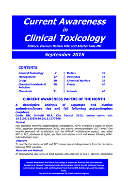 Current Awareness in Clinical Toxicology Editors: Damian Ballam Msc and Allister Vale MD