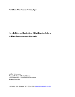 How Politics and Institutions Affect Pension Reform in Three Postcommunist Countries