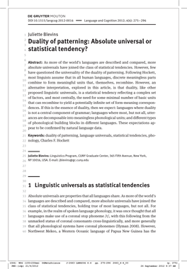 Duality of Patterning: Absolute Universal Or Statistical Tendency?