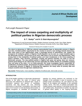 The Impact of Cross Carpeting and Multiplicity of Political Parties in Nigerian Democratic Process