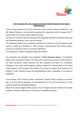 Tres Coracoes (3C) S.A. Acquires the Retail-Related Business of Cia Iguacu Coffee Brands