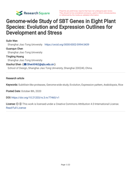 Genome-Wide Study of SBT Genes in Eight Plant Species: Evolution and Expression Outlines for Development and Stress