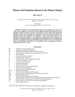 Plasma Sail Propulsion Based on the Plasma Magnet