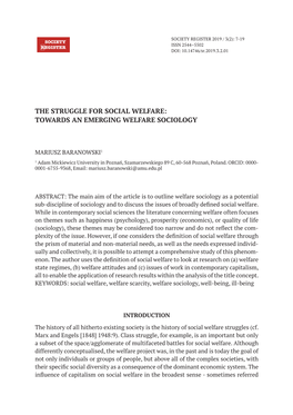 The Struggle for Social Welfare: Towards an Emerging Welfare Sociology