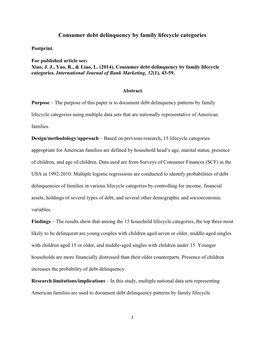 Consumer Debt Delinquency by Family Lifecycle Categories