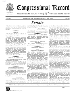 Congressional Record United States Th of America PROCEEDINGS and DEBATES of the 115 CONGRESS, SECOND SESSION