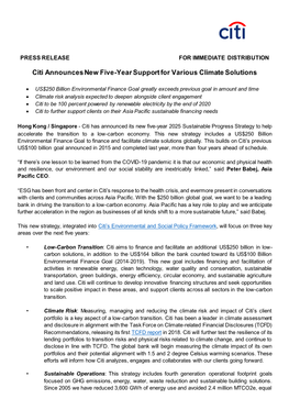 Citi Announces New Five-Year Support for Various Climate Solutions
