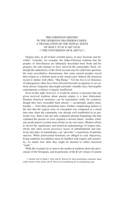 Pre-Christian History in the Georgian Shatberdi Codex: a Translation of the Initial Texts of Mok‘C‘Evay K‘Art‘Lisay (“The Conversion of K‘Art‘Li”)