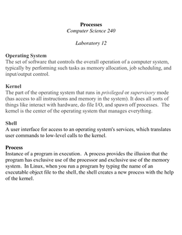 Processes Computer Science 240 Laboratory 12 Operating System