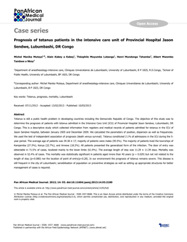 Case Series Prognosis of Tetanus Patients in the Intensive Care Unit of Provincial Hospital Jason Sendwe, Lubumbashi, DR Congo