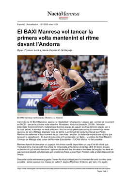 El BAXI Manresa Vol Tancar La Primera Volta Mantenint El Ritme Davant L'andorra Ryan Toolson Està a Plena Disposició De L'equip