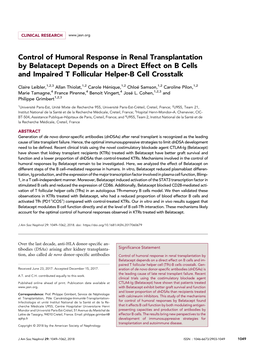 Control of Humoral Response in Renal Transplantation by Belatacept Depends on a Direct Effect on B Cells and Impaired T Follicular Helper-B Cell Crosstalk