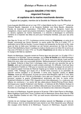 Augustin BAUDIN (1745-1821) Négociant Français Et Capitaine De La Marine Marchande Danoise Tugdual De Langlais, Membre De La Société De L'histoire De L'île Maurice