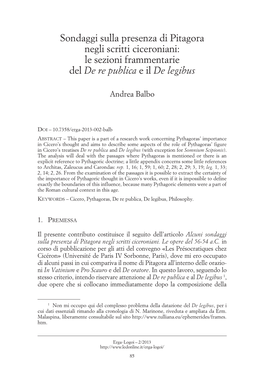 Sondaggi Sulla Presenza Di Pitagora Negli Scritti Ciceroniani: Le Sezioni Frammentarie Del De Re Publica E Il De Legibus