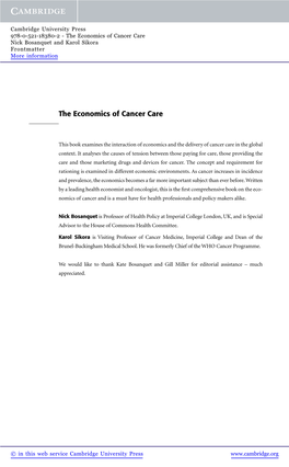 The Economics of Cancer Care Nick Bosanquet and Karol Sikora Frontmatter More Information