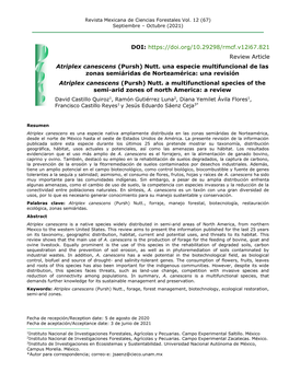 DOI: Review Article Atriplex Canescens (Pursh) Nutt