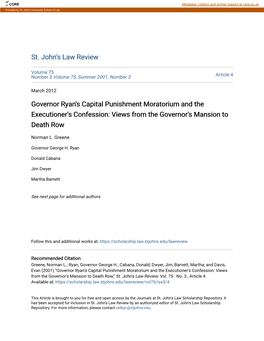 Governor Ryan's Capital Punishment Moratorium and the Executioner's Confession: Views from the Governor's Mansion to Death Row