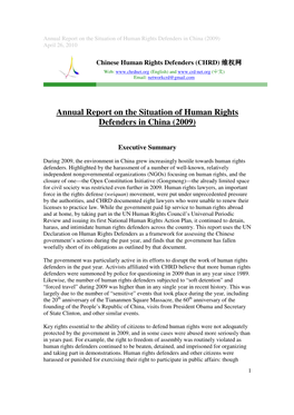 Annual Report on the Situation of Human Rights Defenders in China (2009) April 26, 2010