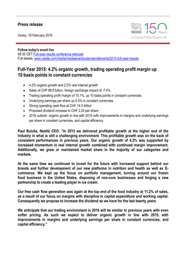 Full-Year 2015: 4.2% Organic Growth, Trading Operating Profit Margin up 10 Basis Points in Constant Currencies