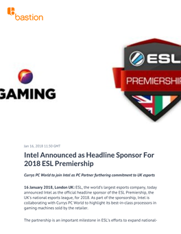 Intel Announced As Headline Sponsor for 2018 ESL Premiership