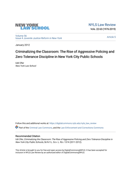 The Rise of Aggressive Policing and Zero Tolerance Discipline in New York City Public Schools