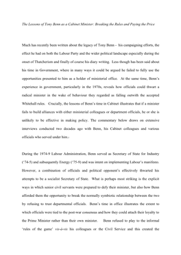 The Lessons of Tony Benn As a Cabinet Minister: Breaking the Rules and Paying the Price