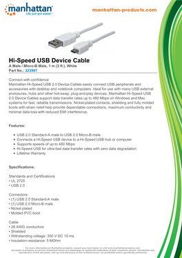 Hi-Speed USB Device Cable a Male / Micro-B Male, 1 M (3 Ft.), White Part No.: 323987