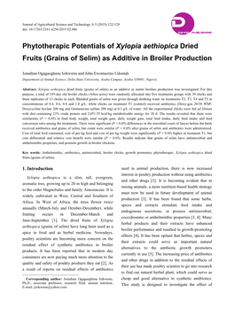 Phytotherapic Potentials of Xylopia Aethiopica Dried Fruits (Grains of Selim) As Additive in Broiler Production