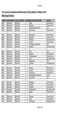 Provisional Constitutional Referendum Polling Stations 16 March 2013 Masvingo Province