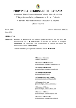 PROVINCIA REGIONALE DI CATANIA Denominata “Libero Consorzio Comunale” Ai Sensi Della L.R