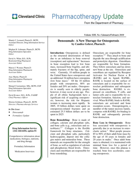 Denosumab: a New Therapy for Osteoporosis Editor by Candice Gehret, Pharm.D