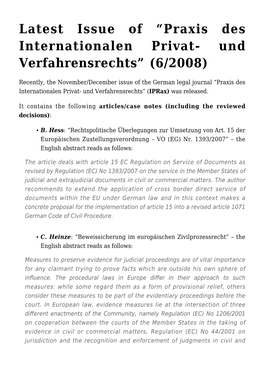 “Praxis Des Internationalen Privat- Und Verfahrensrechts” (6/2008)