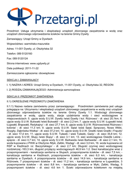 Przedmiot: Usługa Utrzymania I Eksploatacji Urządzeń Zbiorowego Zaopatrzenia W Wodę Oraz Urządzeń Zbiorowego Odprowadzenia Ścieków Na Terenie Gminy Dywity