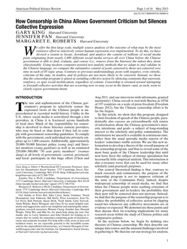 How Censorship in China Allows Government Criticism but Silences Collective Expression GARY KING Harvard University JENNIFER PAN Harvard University MARGARET E