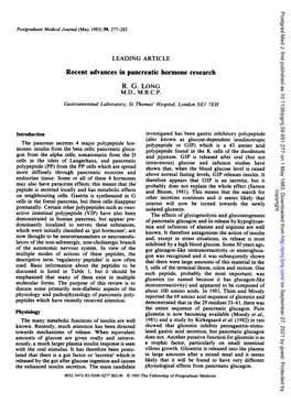 Recent Advances in Pancreatic Hormone Research R. G. LONG M.D., M.R.C.P