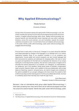 Why Applied Ethnomusicology?