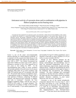 Anticancer Activity of Curcumin Alone and in Combination with Piperine in Dalton Lymphoma Ascites Bearing Mice