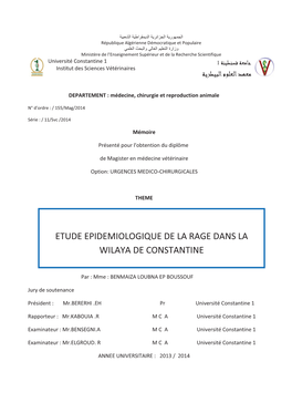 Etude Epidemiologique De La Rage Dans La Wilaya De Constantine