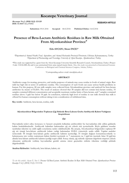 Presence of Beta-Lactam Antibiotic Residues in Raw Milk Obtained from Afyonkarahisar Province