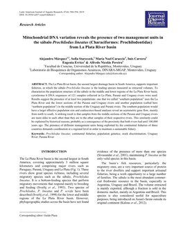 Mitochondrial DNA Variation Reveals the Presence of Two Management Units in the Sábalo Prochilodus Lineatus (Characiformes