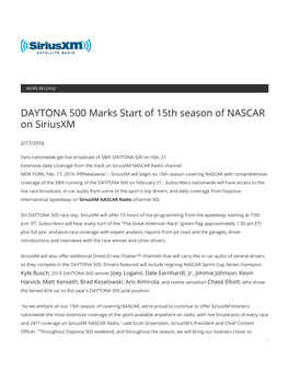 DAYTONA 500 Marks Start of 15Th Season of NASCAR on Siriusxm