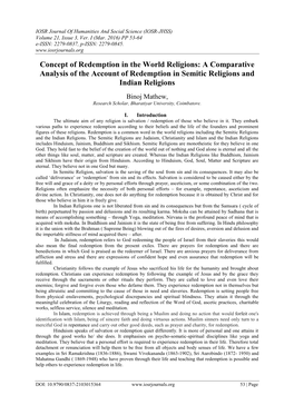 Concept of Redemption in the World Religions: a Comparative Analysis of the Account of Redemption in Semitic Religions and Indian Religions