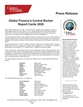 Global Finance's Central Banker Report Cards 2020