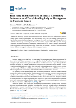 Tyler Perry and the Rhetoric of Madea: Contrasting Performances of Perry’S Leading Lady As She Appears on Stage and Screen