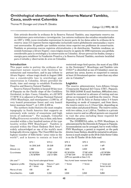 Ornithological Observations from Reserva Natural Tambito, Cauca, South-West Colombia