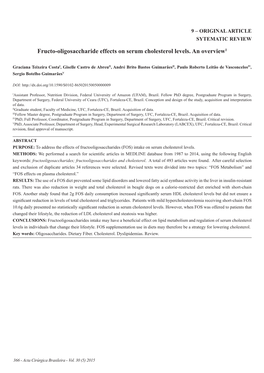 Fructo-Oligosaccharide Effects on Serum Cholesterol Levels. an Overview1