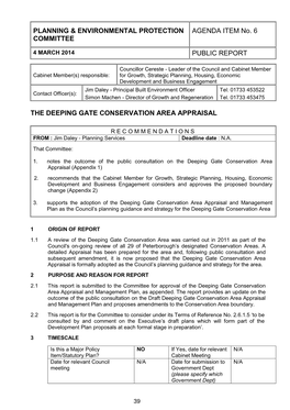 PLANNING & ENVIRONMENTAL PROTECTION COMMITTEE AGENDA ITEM No. 6 PUBLIC REPORT the DEEPING GATE CONSERVATION AREA APPRAISAL