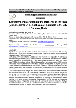 Spatiotemporal Variations of the Incidence of the Fleas (Siphonaptera) on Domestic Small Mammals in the City of Cotonou, Benin