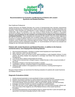 Recommendations for Evaluation and Monitoring of Patients with Joubert Syndrome and Related Disorders